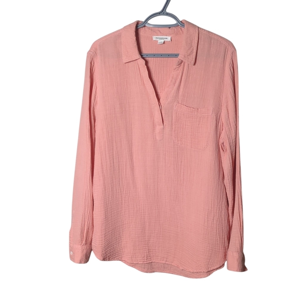 BeachLunchLounge Pink Cotton Gauze Pullover V Neck Blouse Tunic Top‎ Size Large